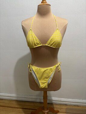 Delfina THE PENNY sliding triangle bikini in yellow & peach stripe